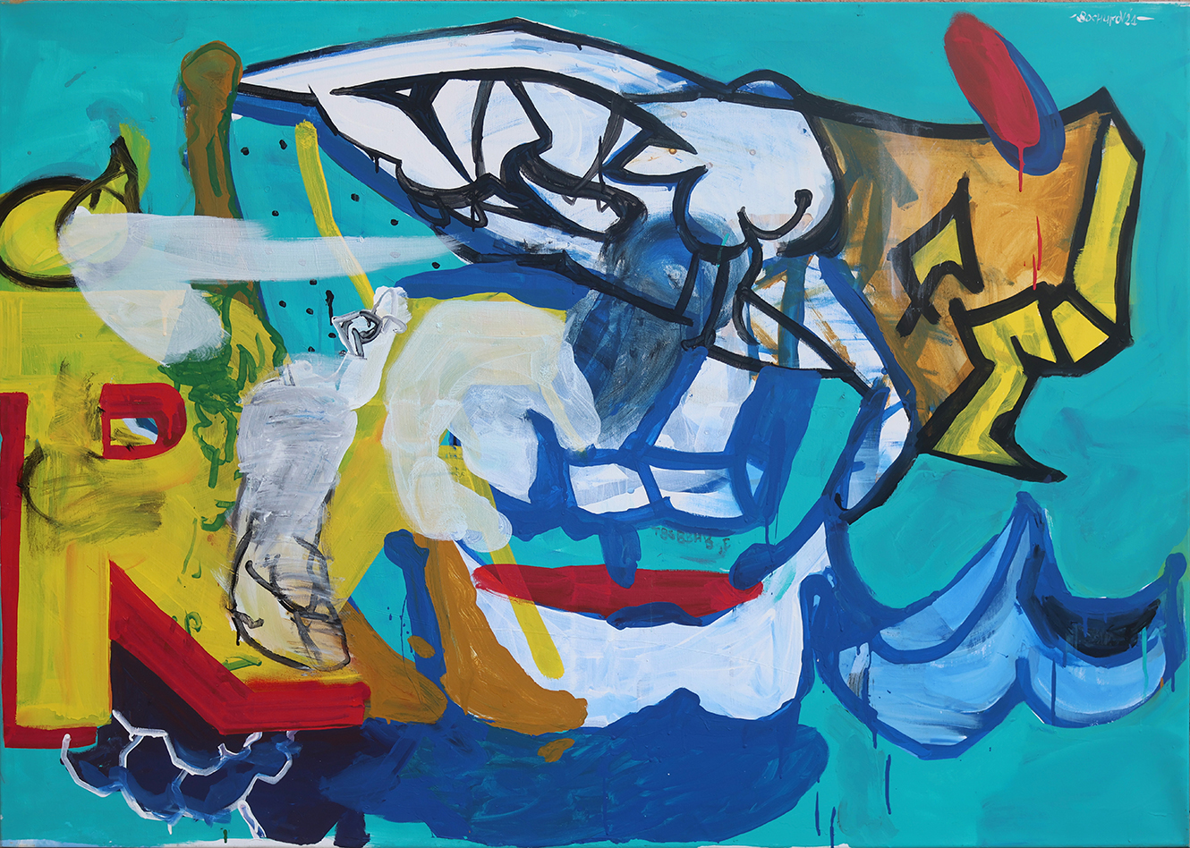 Rain, 2021, Acrylic and spray paint on canvas, 100x141cm